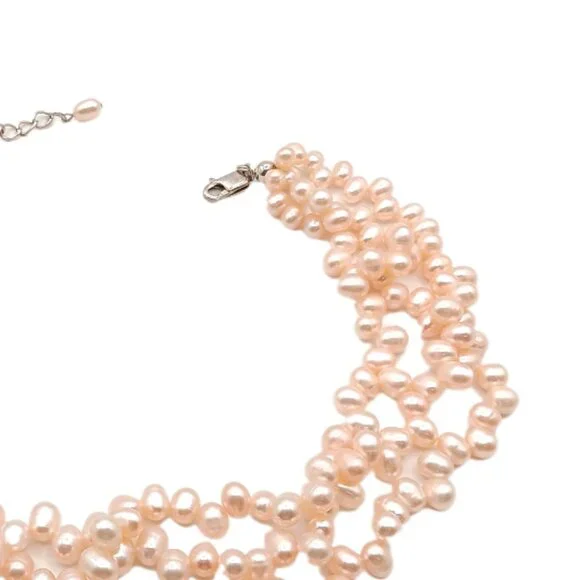 Vtg Baroque Ivory Pearl Necklace 18” Freshwater 3-Strand 925 Silver Wedding